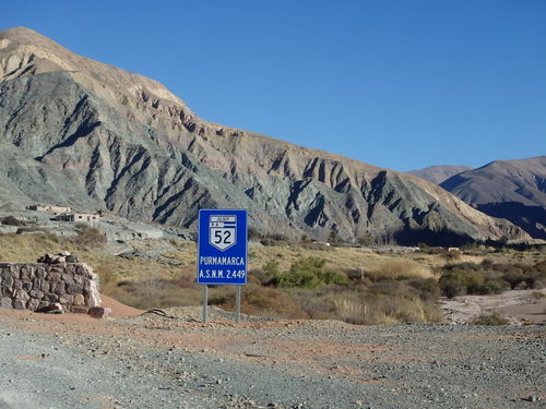 Heading west out of Purmamarca on Ruta 52, elevation at 2449m (8034').